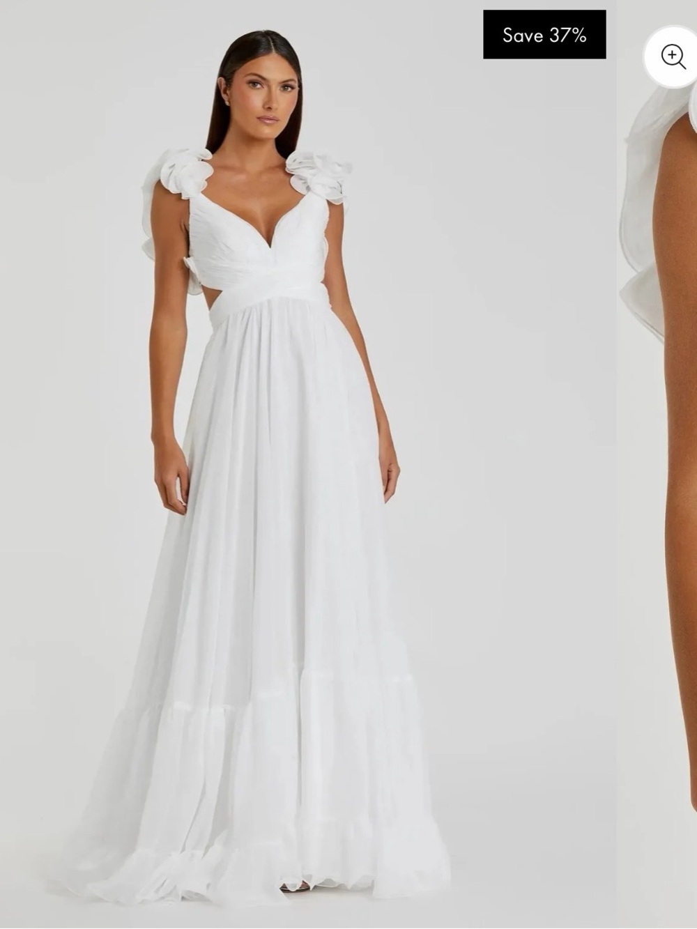 Mac Duggal White Maxi Dress with Floral Shoulder Detail